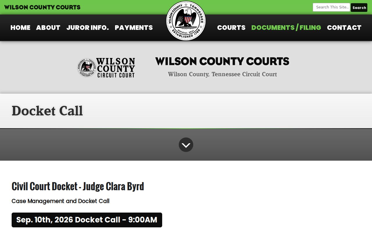 Wilson County court calendar Docket Call page