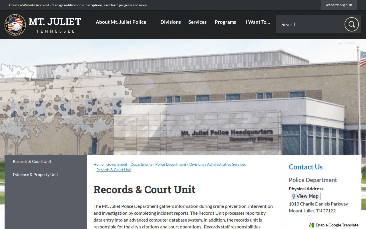 Mount Juliet court docket Records and Court Unit page