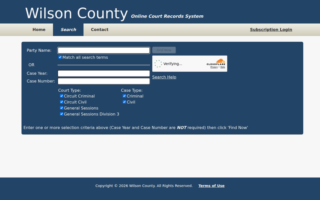 Wilson County public court record search form with party, year, case number, court type, and case type fields
