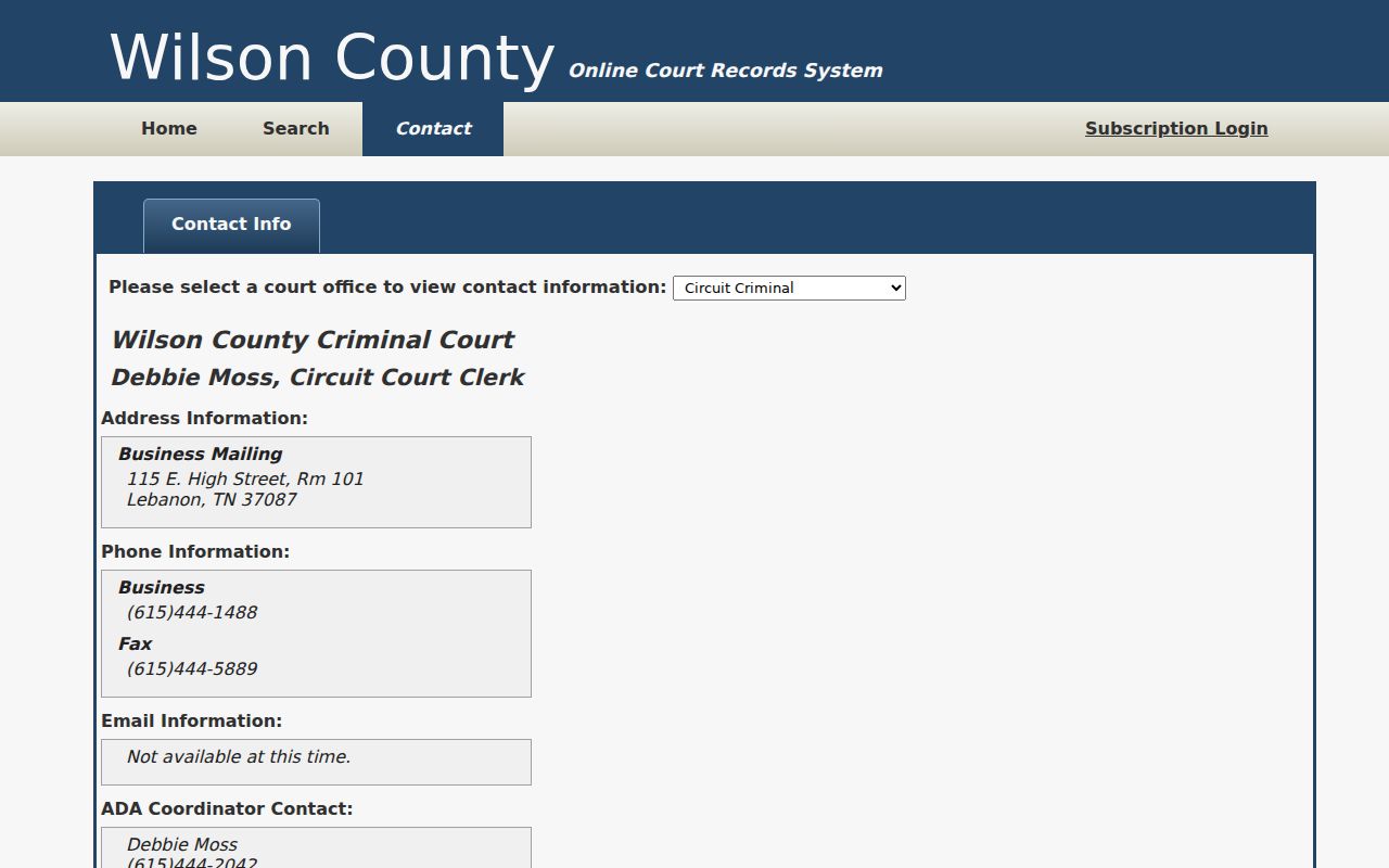 Wilson County portal court-office dropdown listing Circuit Criminal, Circuit Civil, General Sessions, and Division 3