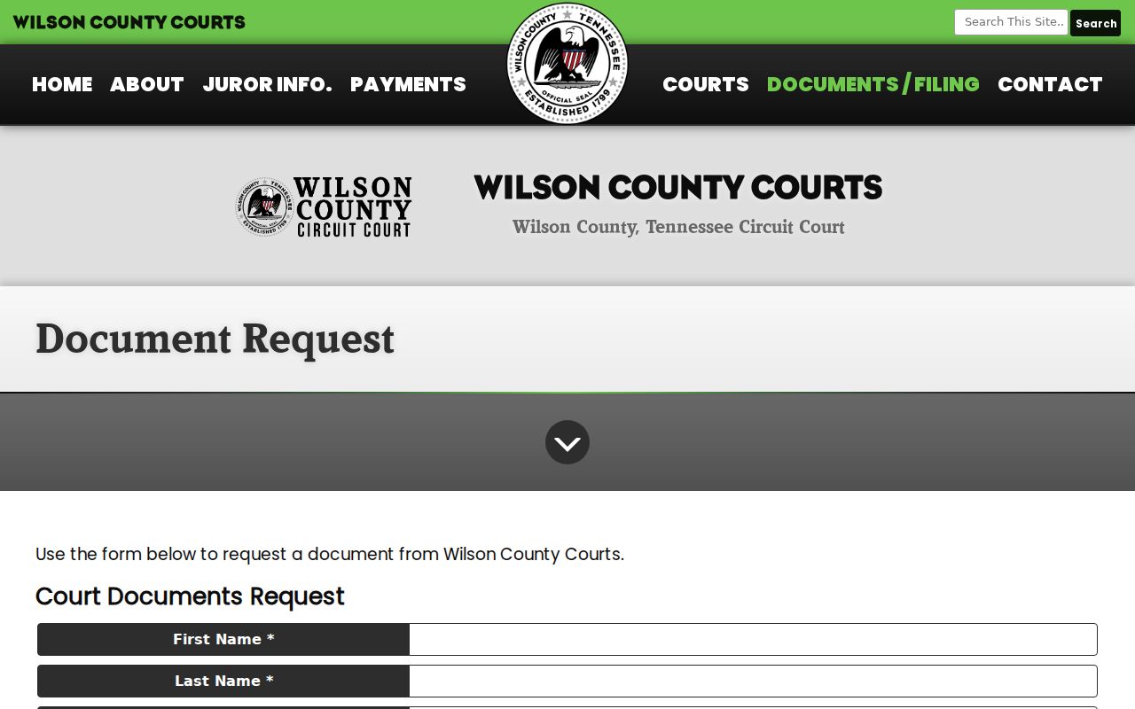 Wilson County Courts document request form with court, date, docket number, and document type fields