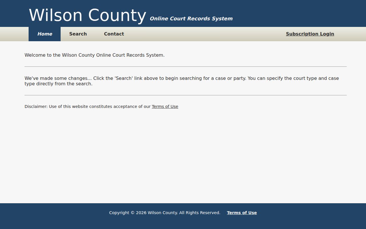 Wilson County Online Court Records System landing page with search, contact, and subscription options